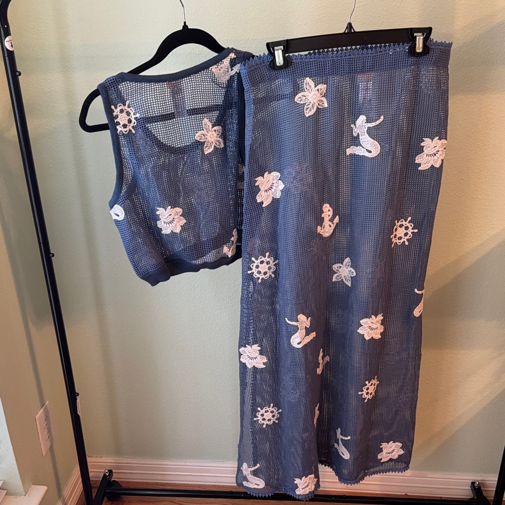 Agua Bendita Blue Sheer Skirt Set with White Nautical Embroidery - Picture 8 of 11